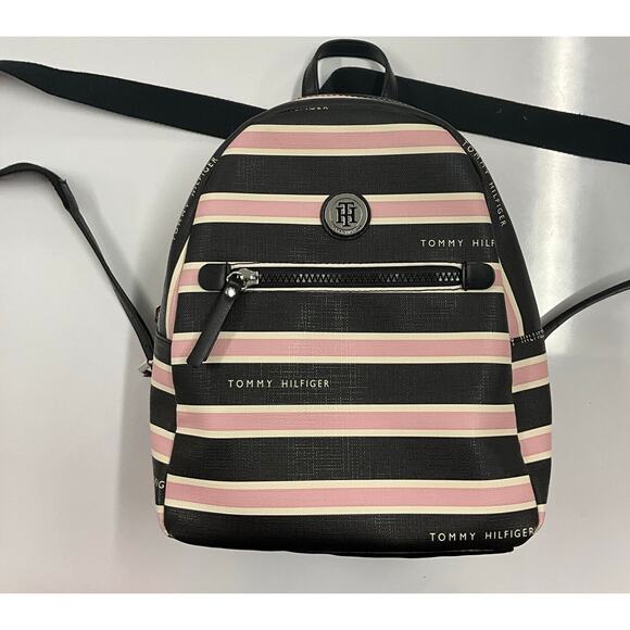 Tommy Hilfiger Classic Mini Backpack Purse Black Pink Cream Stripes - Picture 1 of 11